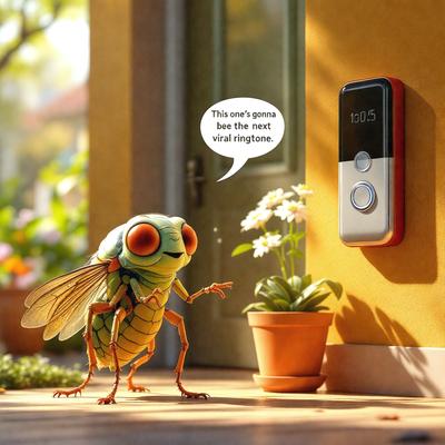 The primary subject of the image is a cartoon-like green insect, possibly a grasshopper, standing on a wooden floor. The setting is a room with a door, a potted plant, and a clock on the wall. The visual style is a combination of digital art and illustration, creating a whimsical and playful atmosphere. The colors are predominantly green and brown, with the green insect being the main focus of the image.